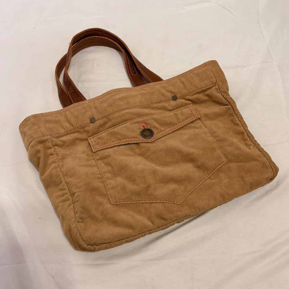 Gap Jeans Stunning Y2k Tan Corduroy Tote Bag with Pink Stitch and Leather Handle